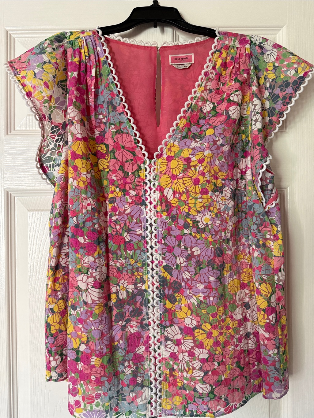 Kate Spade Multicolor Floral Dots Burnout Lacetrim Flutter Sleeve Blouse